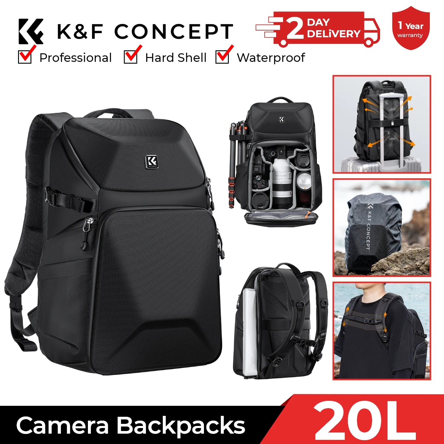 Camera Bag Waterproof - K&F CONCEPT 20L カメラバックパック 防水フロントハードシェル /