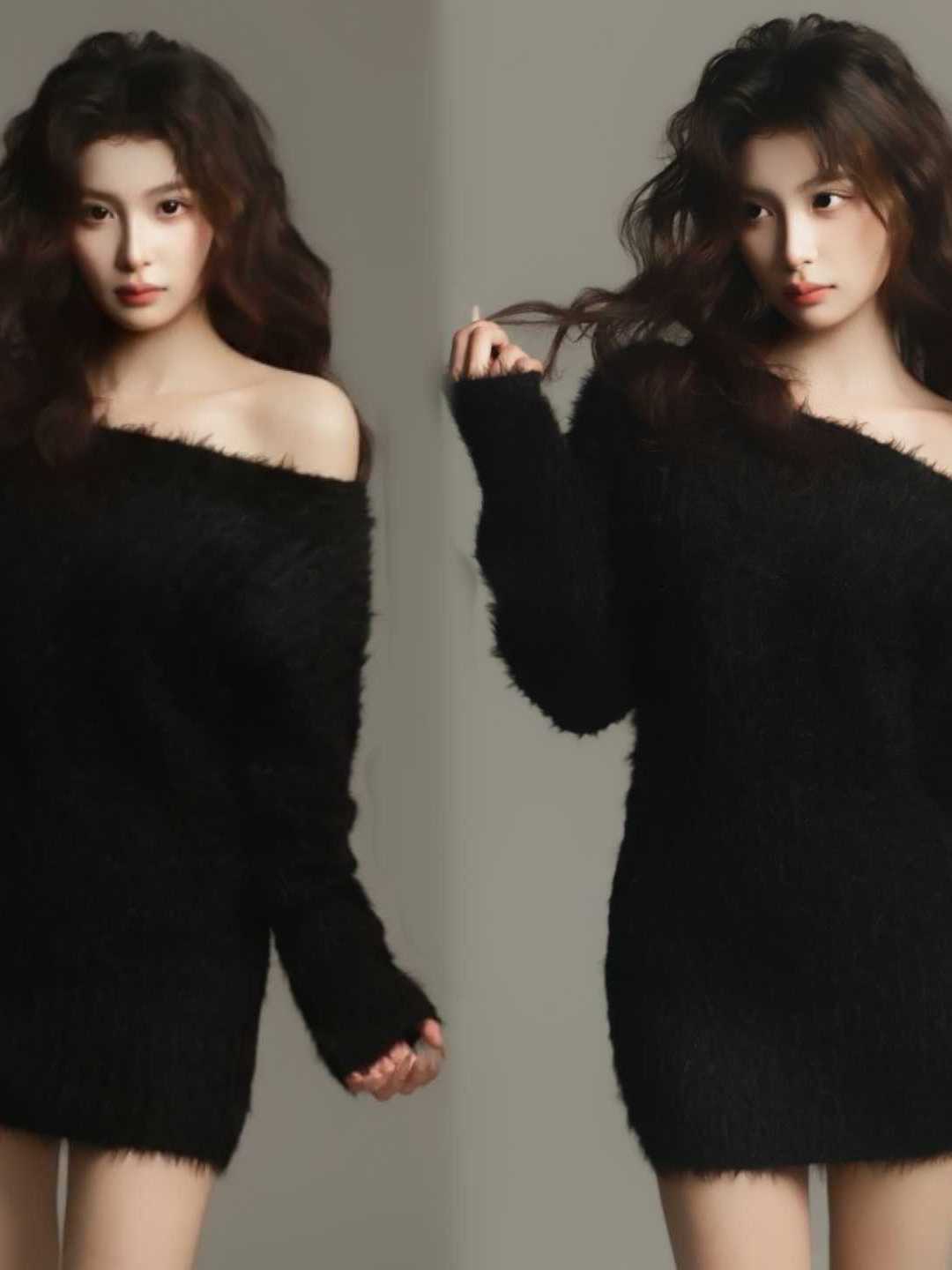 Photography Studio - 黒のポートレート写真用衣装 ワンショルダー 韓国風 スタジオ新作 レディースファッション エスニック