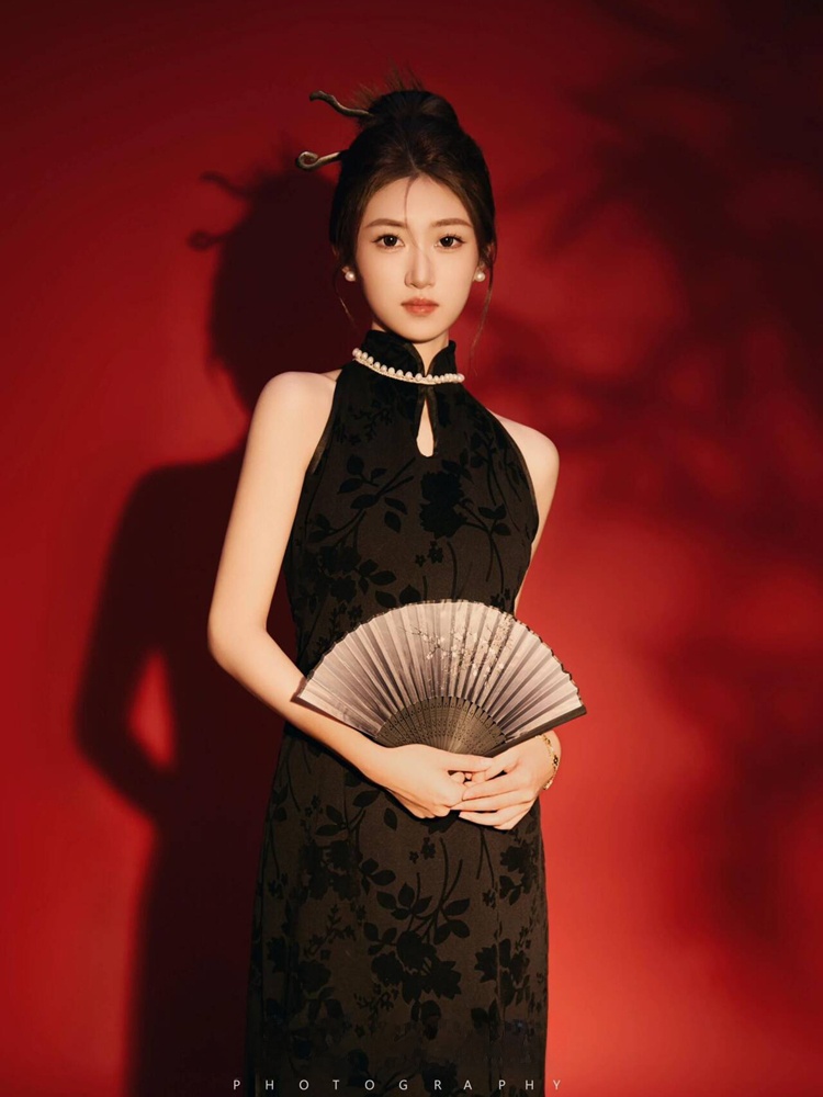Photography Studio - 黒のチャイナドレス衣装スタジオテーマオリエンタルな美的センス新しい中国風レトロポートレートアート写真撮影服コールドトーン