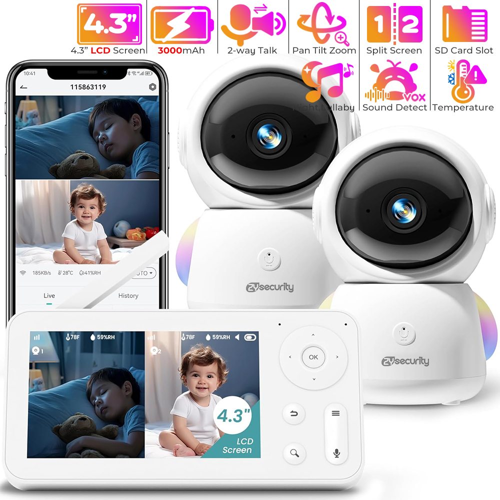 Photography Uk - カメラとオーディオを備えたベビーモニター,常夜灯,2台のカメラ,wifi,スマートフォン,2.4g,保育園,ペット,高齢者向け,355 ° 回転,RGB, 2k