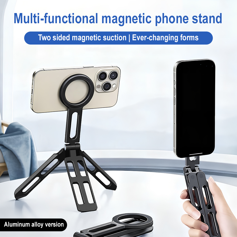 Photography Video - マグネット式スマホホルダー 四軸360度回転 ° 回転折りたたみ式自撮り棒 アルミ合金製ポータブルポケット三脚スタンド Vlogライブ用